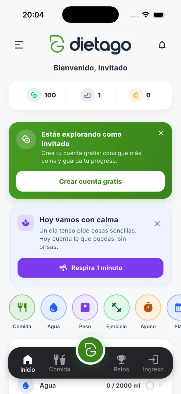 Inicio de DietaGo en modo suave tras un check-in de ánimo «Tenso», con recetas sencillas y el atajo a Respira 1 minuto