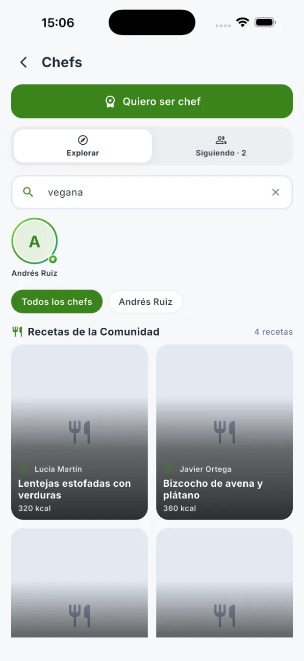 Pantalla de chefs de DietaGo con el botón «Quiero ser chef», buscador y recetas de la comunidad