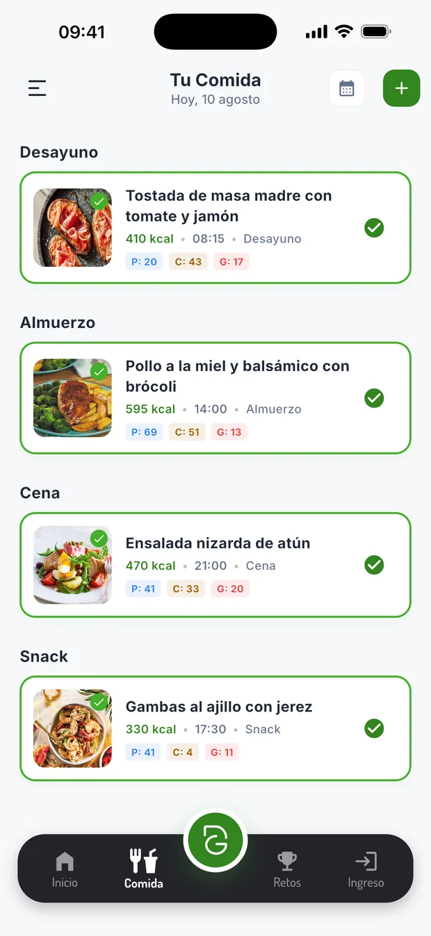Registro de una comida con calorías y macros en DietaGo