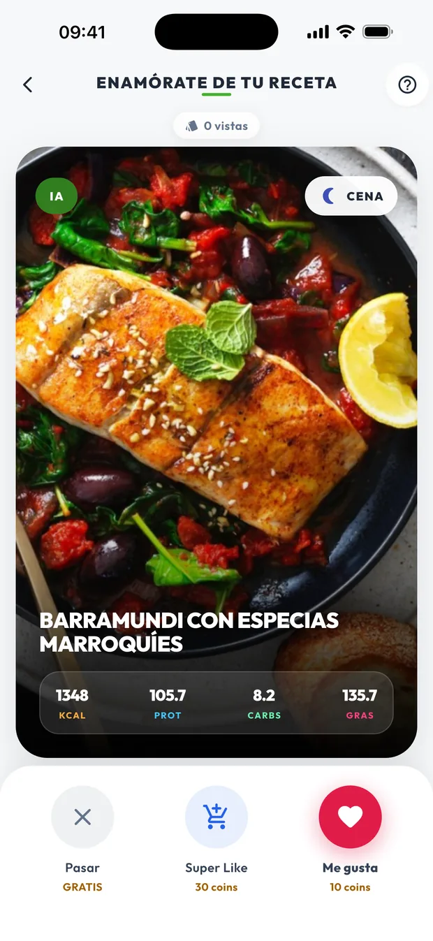 Pantalla de descubrir recetas deslizando en DietaGo