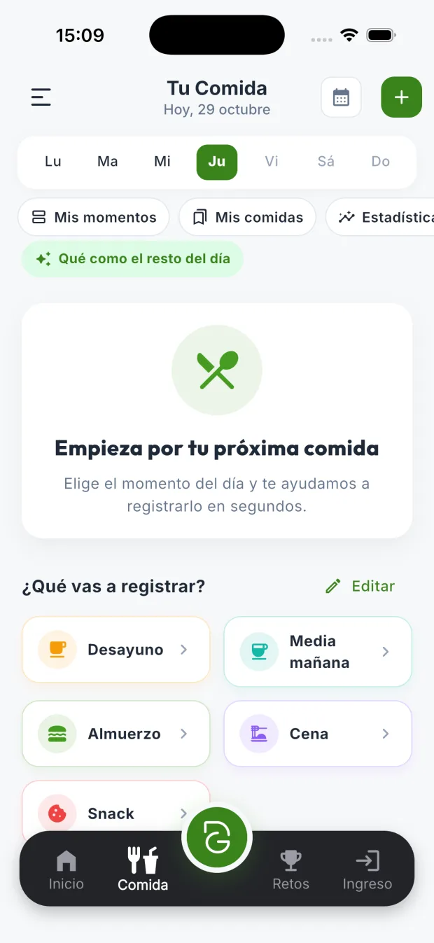 Pantalla «Tu Comida» de DietaGo con las comidas del día agrupadas por momentos