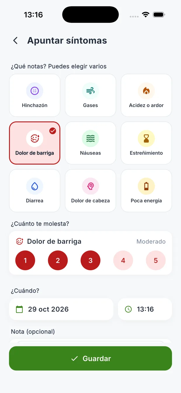 Pantalla para apuntar síntomas digestivos en DietaGo con su intensidad del 1 al 5