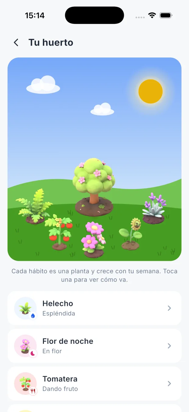 Tu huerto en DietaGo: una escena ilustrada con una planta por hábito y el árbol de la racha en el centro