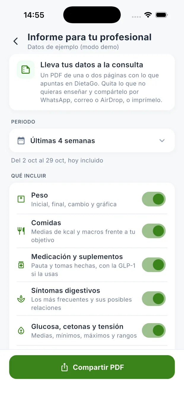 Pantalla del informe para tu profesional en DietaGo: periodo, bloques que incluir y vista previa