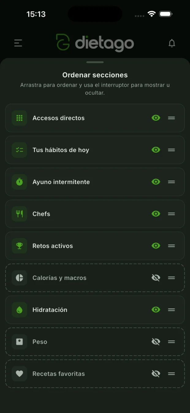 Pantalla para ordenar y ocultar las secciones del inicio de DietaGo