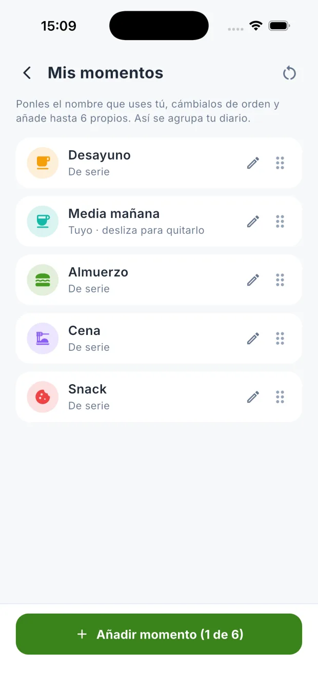 Pantalla «Mis momentos» de DietaGo para renombrar, ordenar y añadir momentos al diario