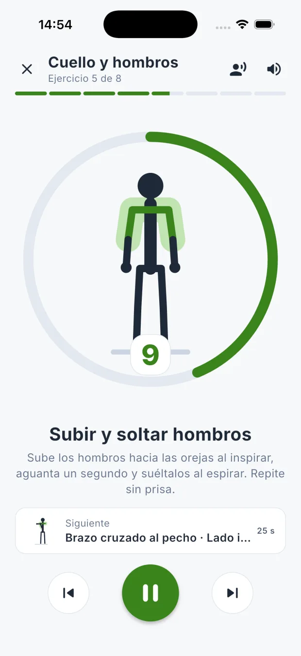 Reproductor guiado de una pausa activa en DietaGo con la figura del ejercicio y la cuenta atrás