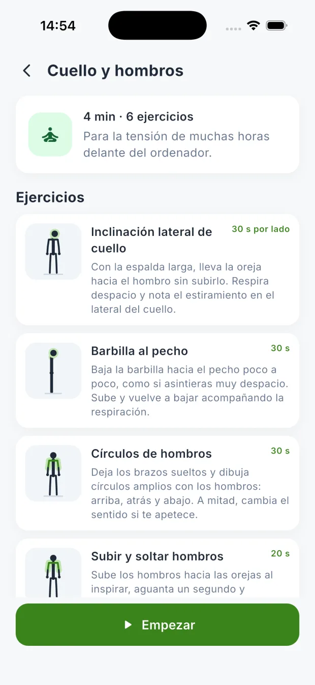 Rutina de pausa activa en DietaGo con sus ejercicios, duración y el botón Empezar