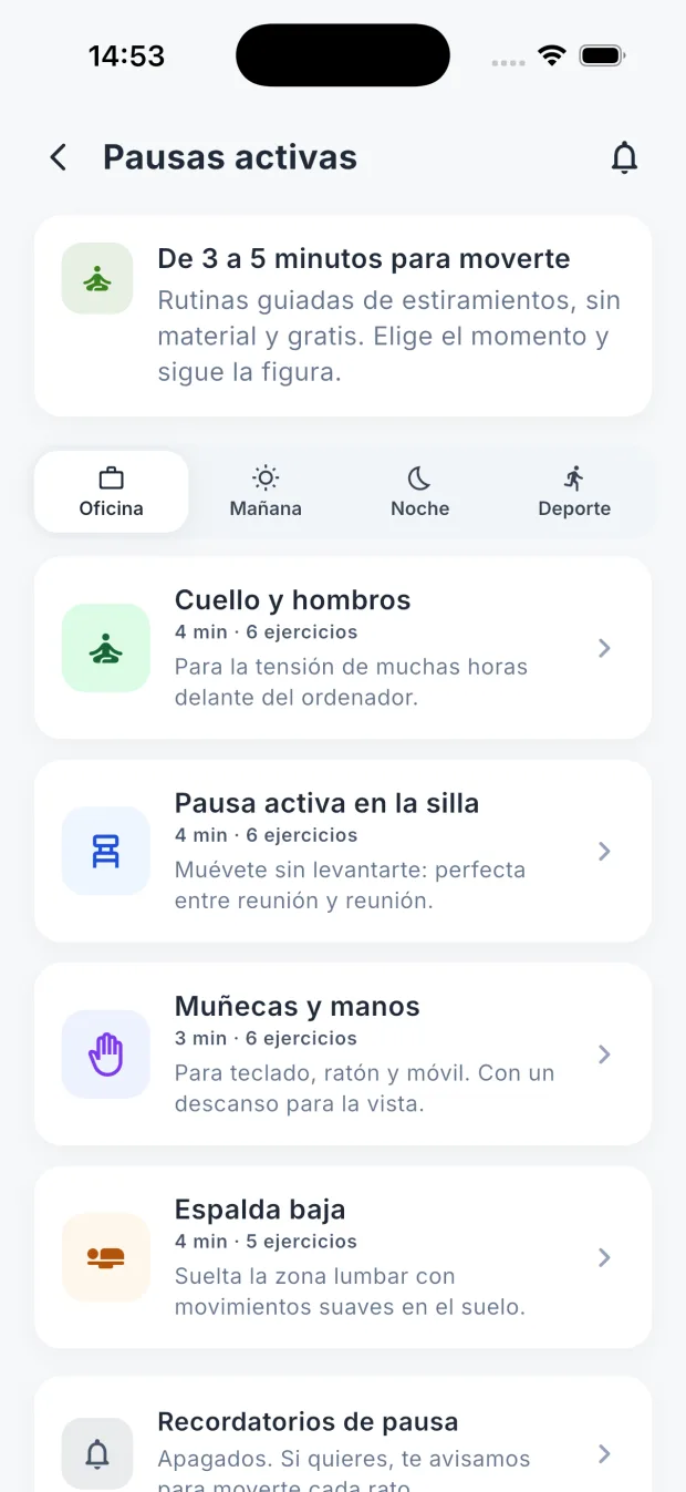 Pausas activas en DietaGo: rutinas de estiramientos por momento del día, con el contador de hoy y los recordatorios