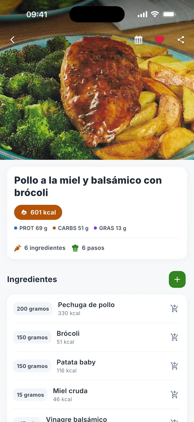 Receta generada por el Chef IA con ingredientes, pasos y valores nutricionales