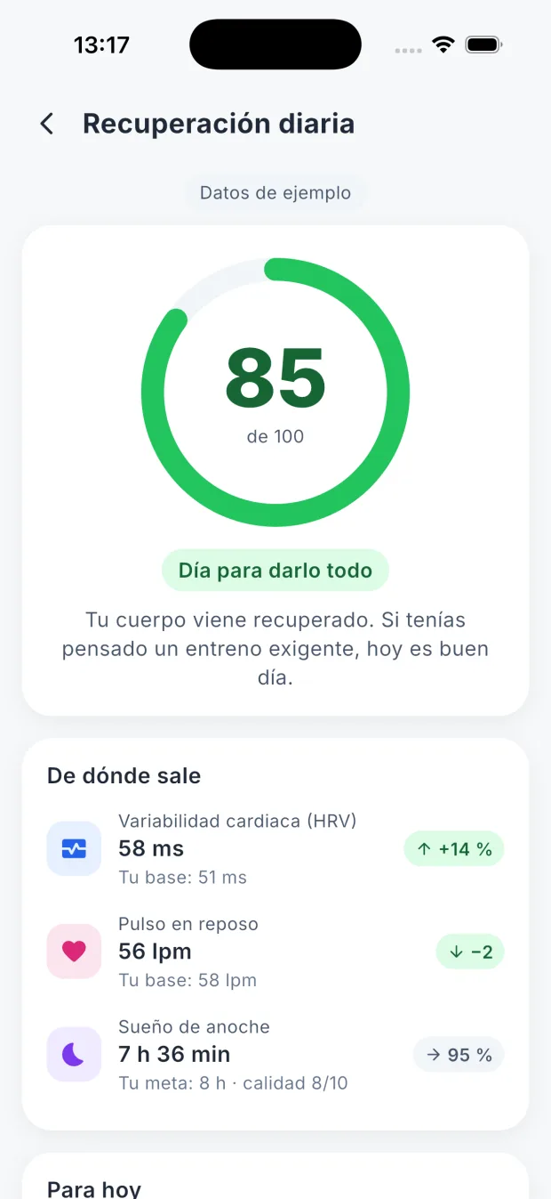 Recuperación diaria de DietaGo: anillo de 0 a 100 con HRV, pulso en reposo y sueño, y consejos para hoy