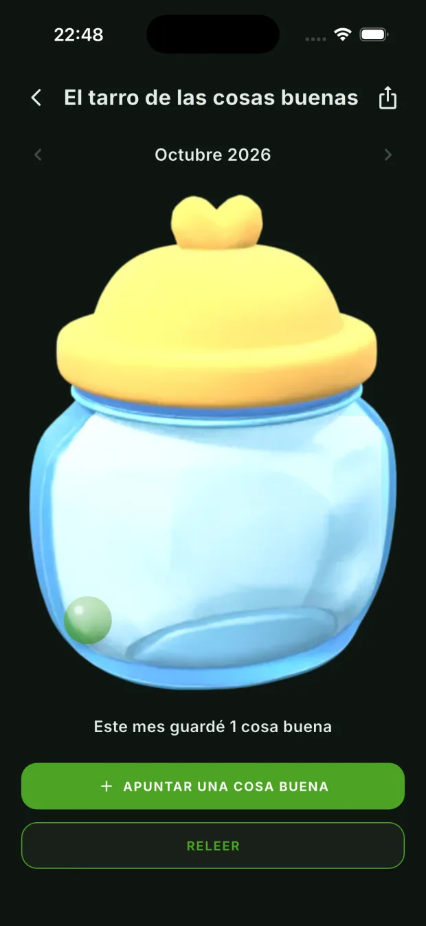 Tarro de las cosas buenas de DietaGo con una bola de color por cada día del mes