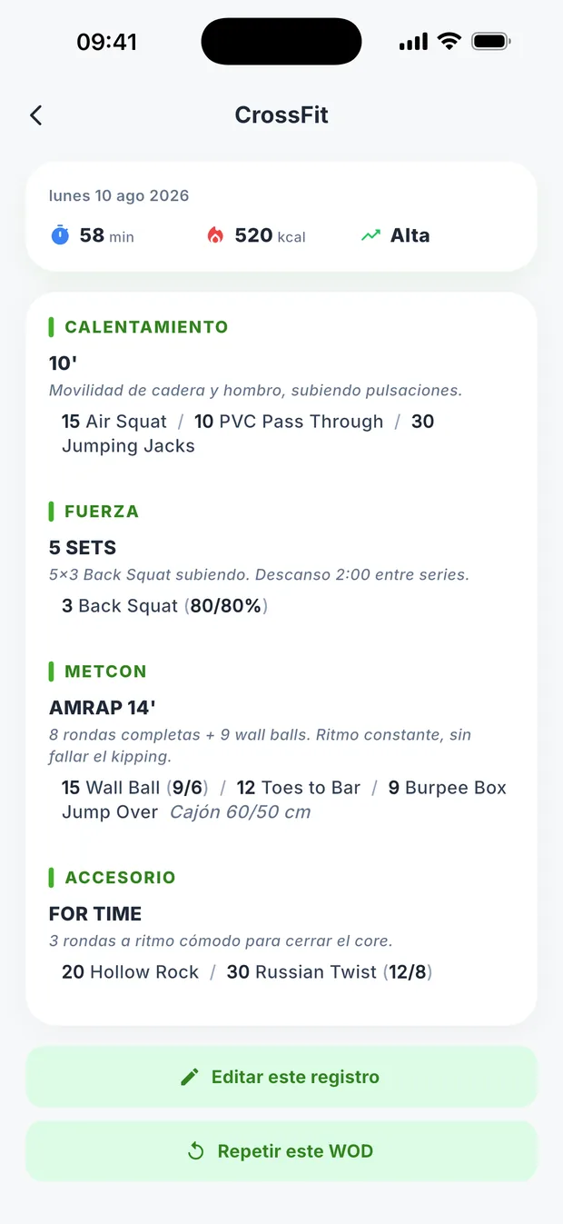Pizarra de WOD de CrossFit por bloques en DietaGo